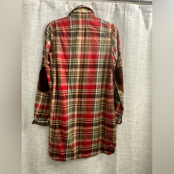 Vintage Ralph Lauren Rugby flannel button down dress with suede elbow patches S - Picture 2 of 6